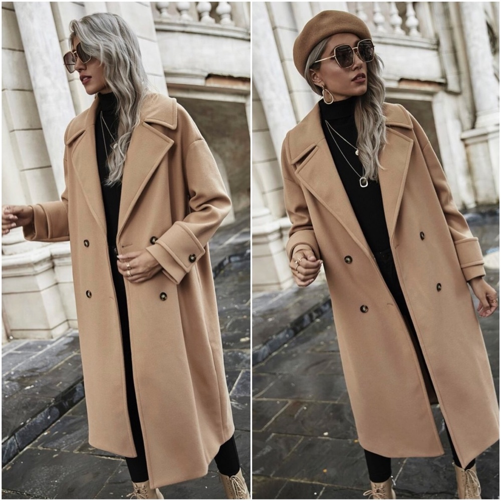camel tan button long fall trench pea coat - Picture 1 of 3